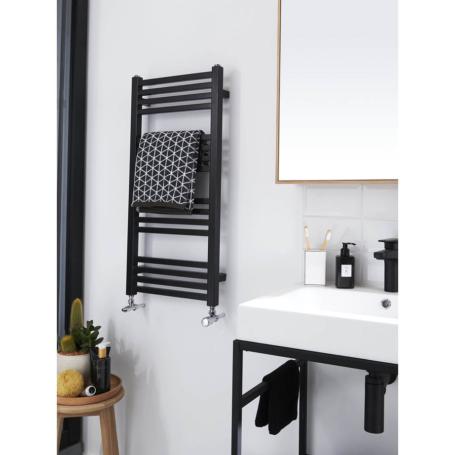 Towel Rail Radiator Black Vertical Warmer 1109BTU Compact (W)400mm x (H)828mm - Image 3