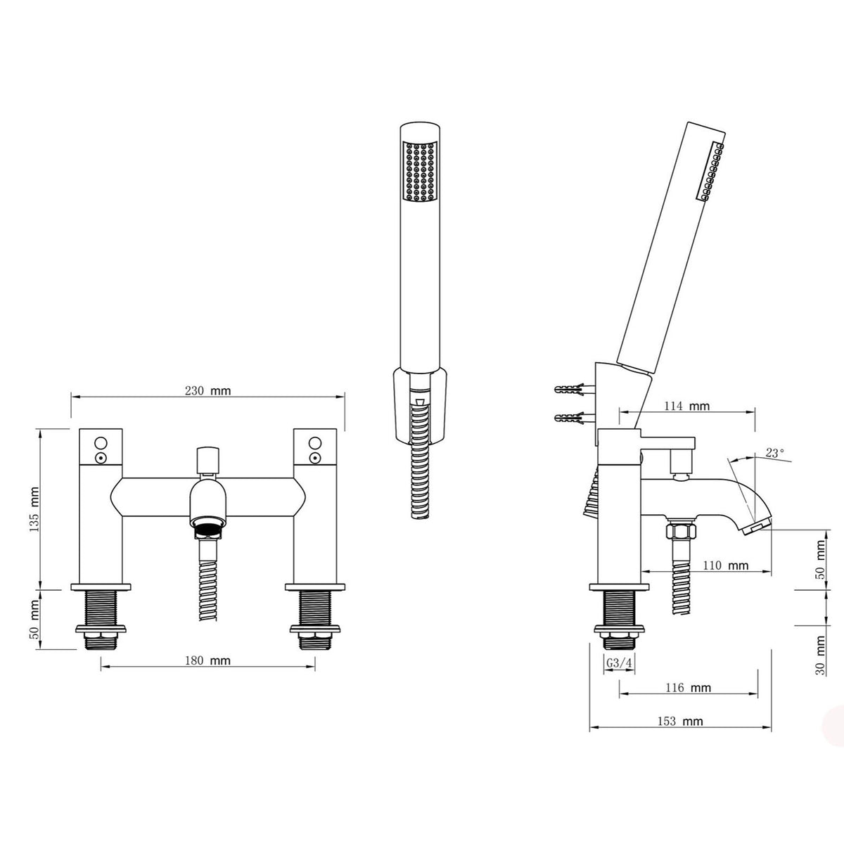 Bath Filler Tap With Hand Held Set Chrome Dual Lever Brass Bathroom Contemporary - Image 2