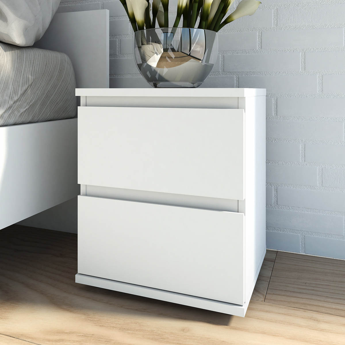 Nova Bedside Table 2 Drawer Matt White Bedroom Storage - Image 1