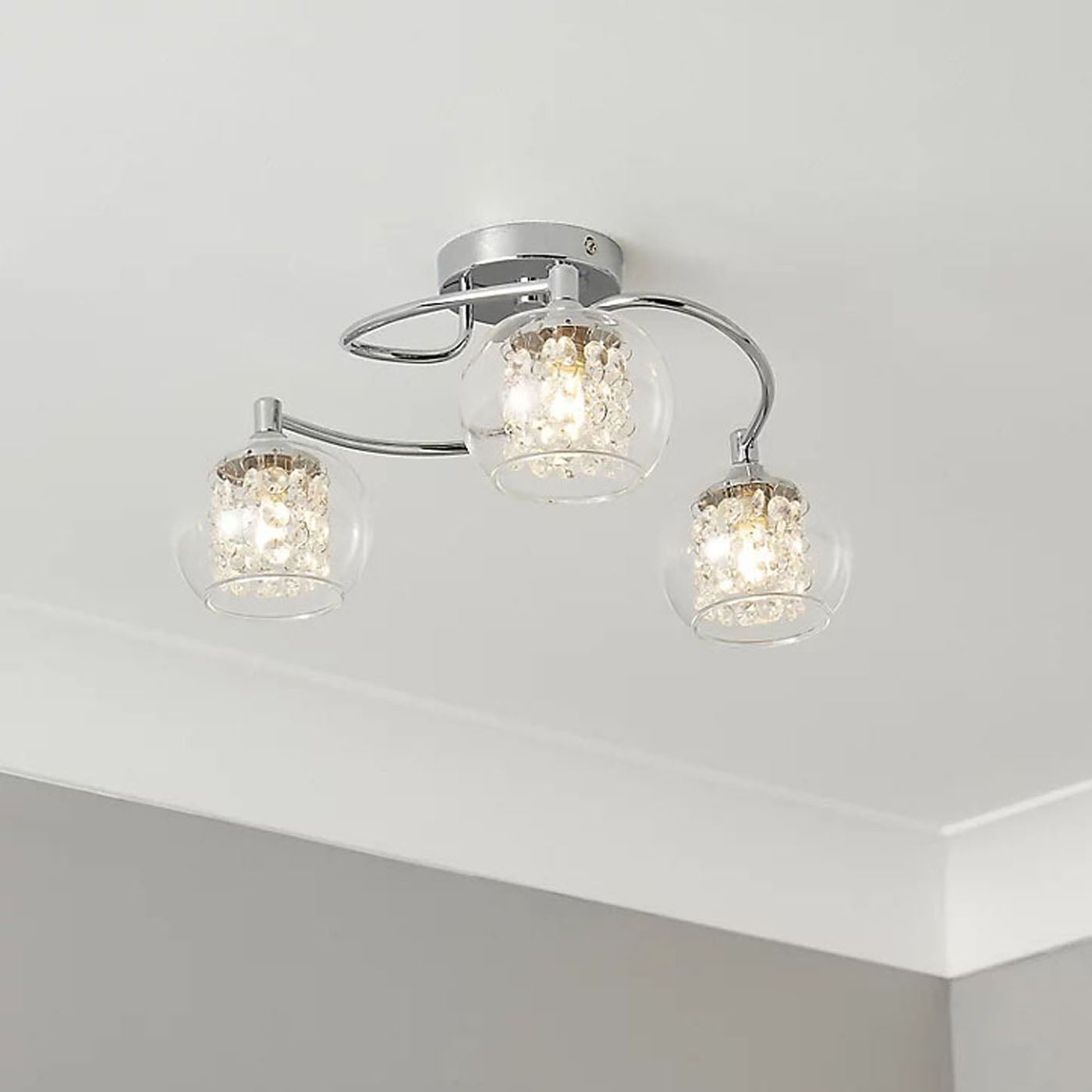 Ceiling Light 3 Way Clear Beaded Glass Globe Shades Chrome Bedroom Living Room - Image 3