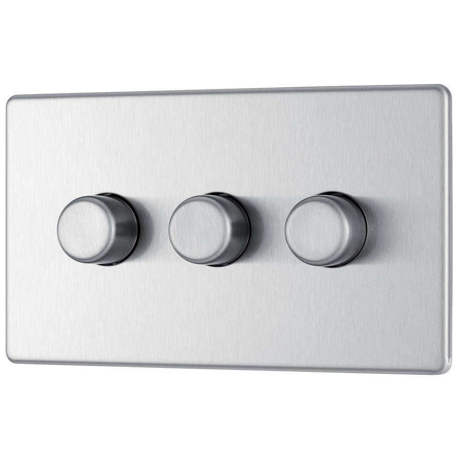 Dimmer Switch 3 Gang 2 Way Brushed Steel 400W Screwless LED Halogen Incandescent - Image 1