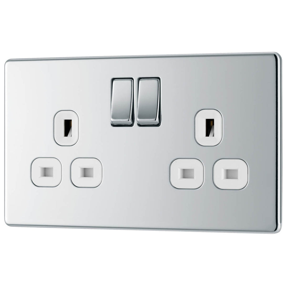 Double Switched Socket 13A 2 Gang Stainless Steel Chrome Effect Screwless 5 Pack - Image 1