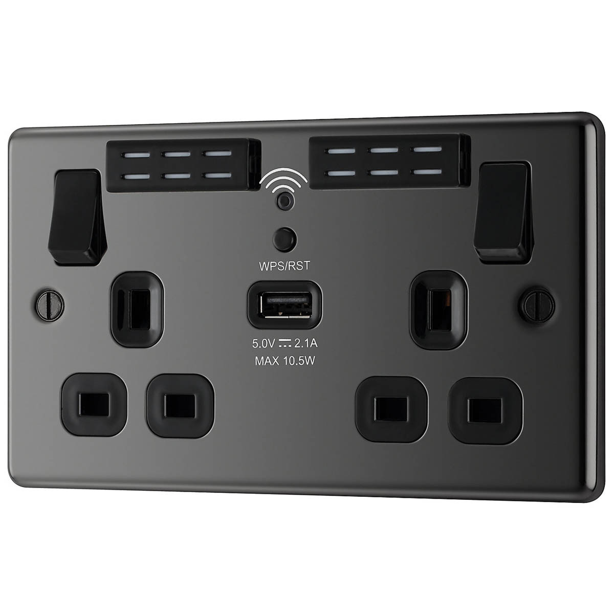 Switched Wall Socket USB Charging Port Wifi 2 Gang Double Black Nickel 13A - Image 1