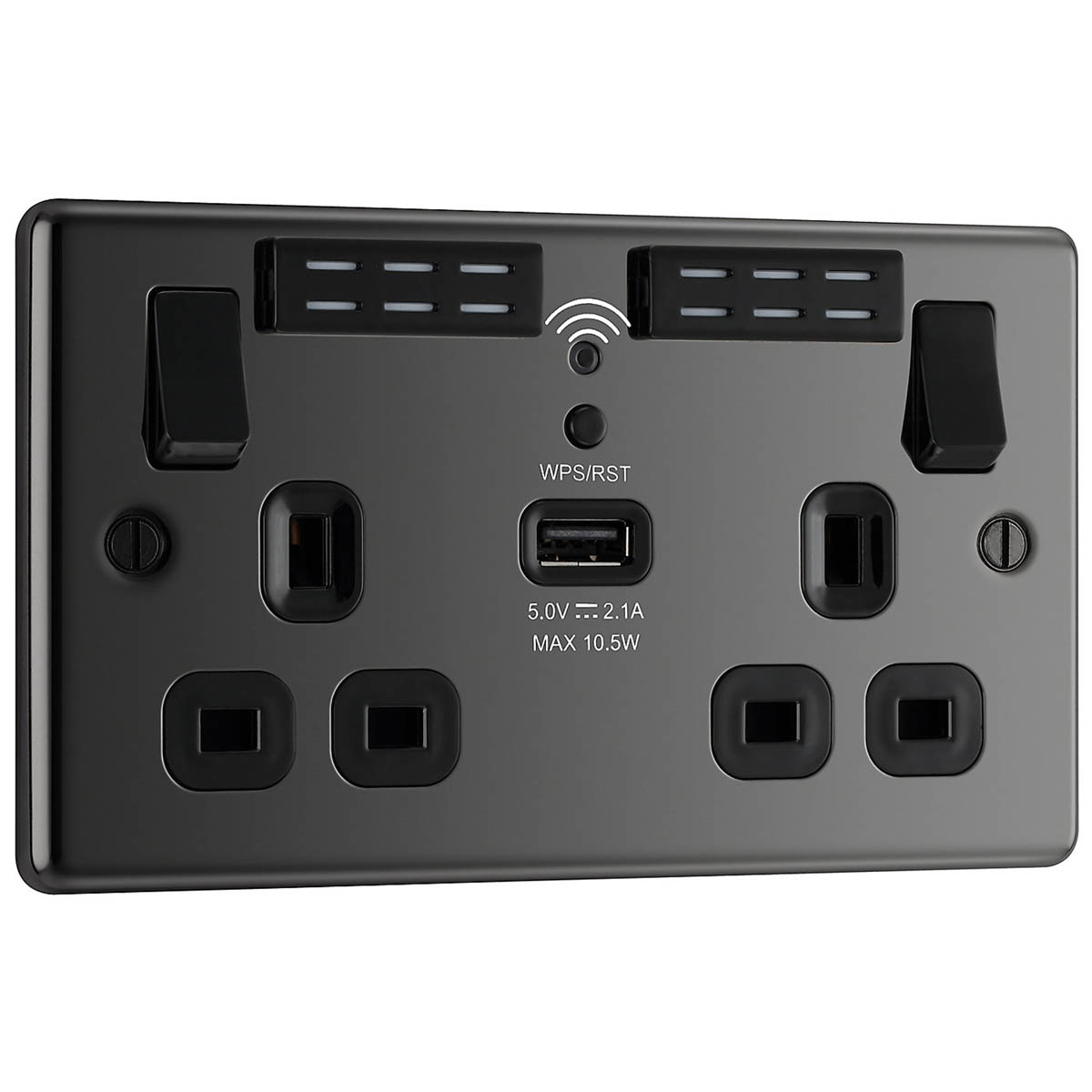 Switched Wall Socket USB Charging Port Wifi 2 Gang Double Black Nickel 13A - Image 3