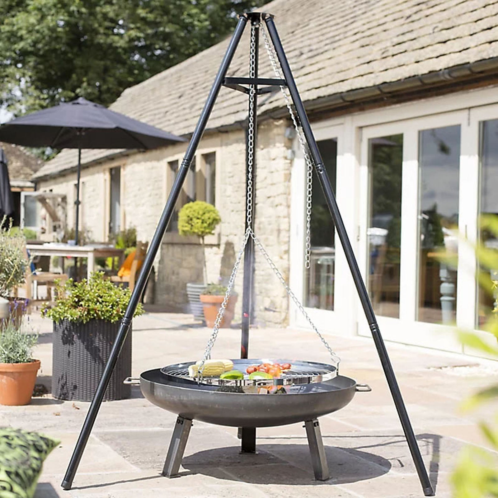 Fire Pit Grill BBQ Hanging Stand Tripod Adjustable Height Modern Steel - Image 1