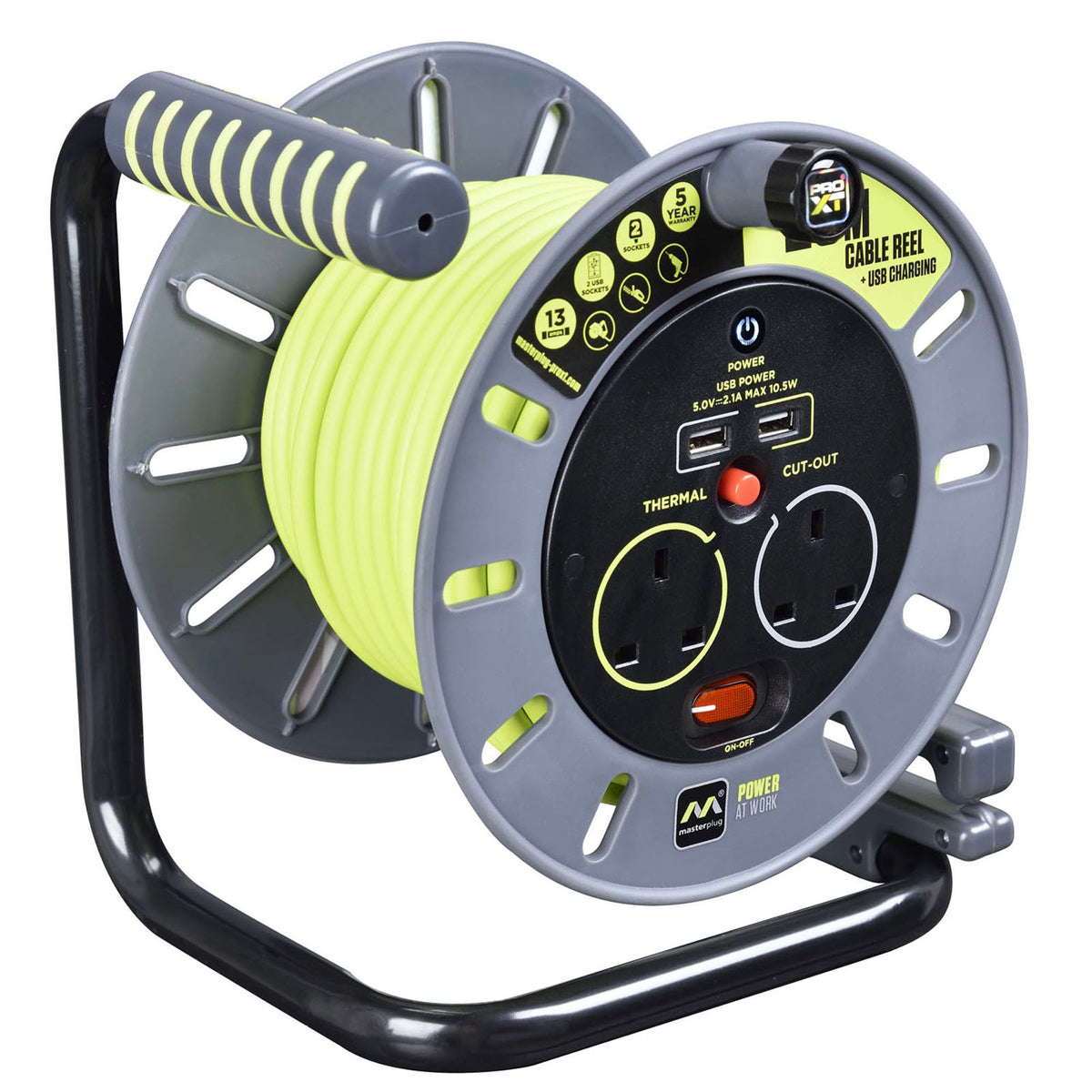 Masterplug Cable Reel Corded 2 Gang 20M 2 USB Ports LED 13A 240V Sturdy - Image 1
