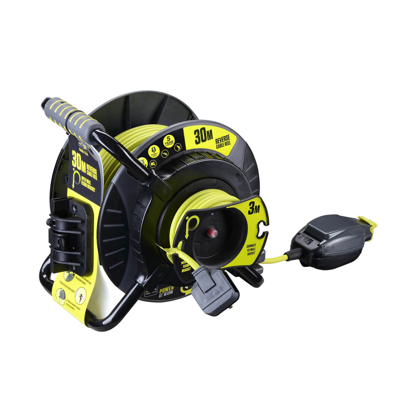 Masterplug IP54 Rated Reverse Anti Twist 1 socket Grey & green Indoor & outdoor Cable reel, 30m - Image 1