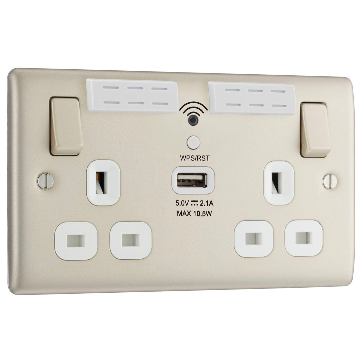 Switched Socket Double WiFi Extender With USB 13A Metal Pearl Nickel Effect - Image 1