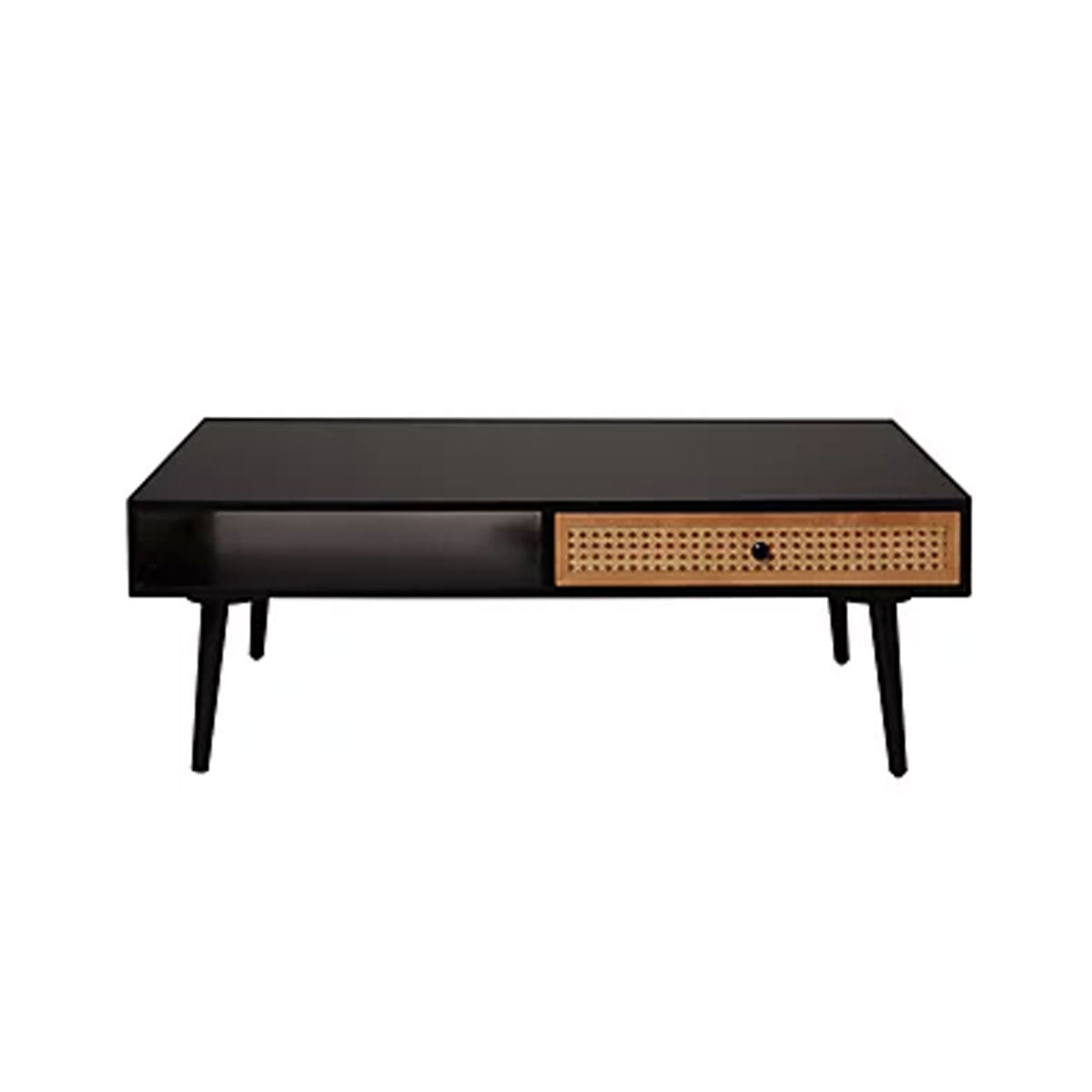 Coffee Table Matt Black Wooden Rattan Effect Rectangular Living Room Modern - Image 3