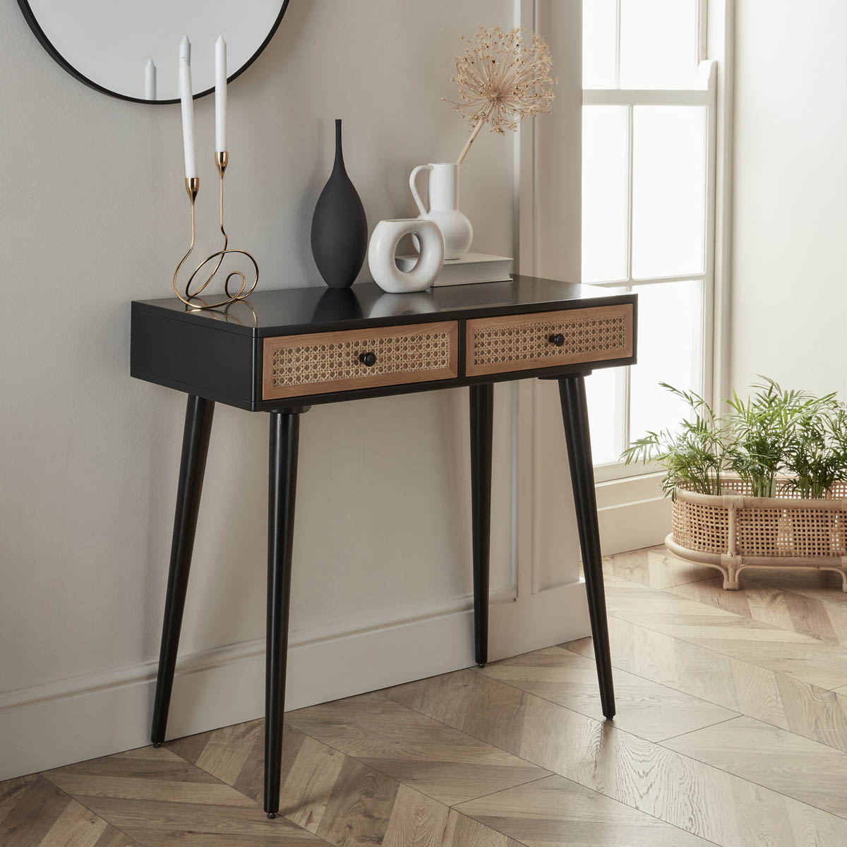 Leona Console Table 2 Drawer Matt Black Rattan Effect (H)790 (W)400 (D)800mm - Image 3