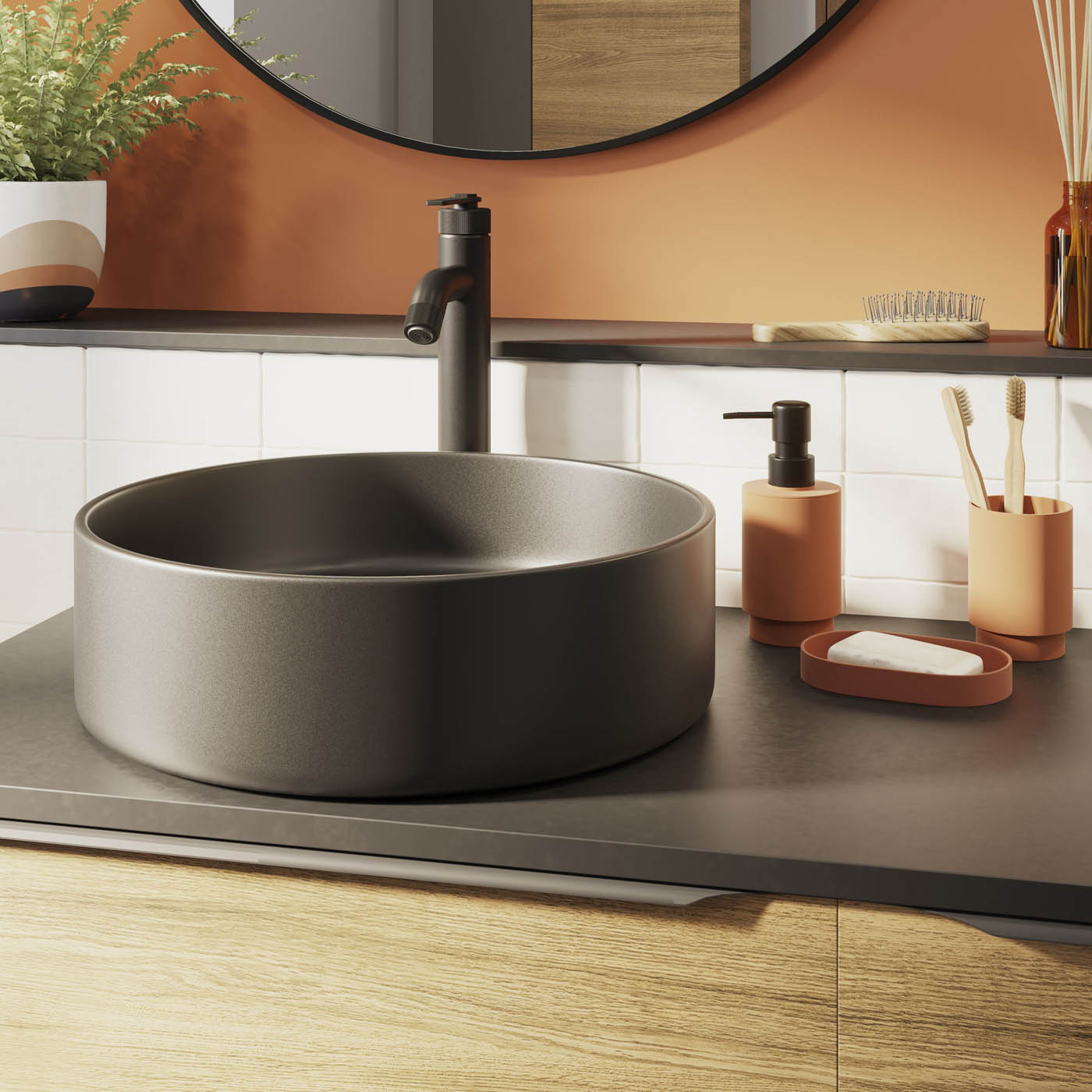 Bathroom Basin Counter Top Wash Sink Matt Black Round Ceramic Cloakroom Modern - Image 2