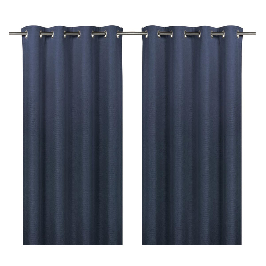 Eyelet Curtain Pair Navy Blue Blackout Chevron Lined Bay Window (W)228 (L)228cm - Image 1