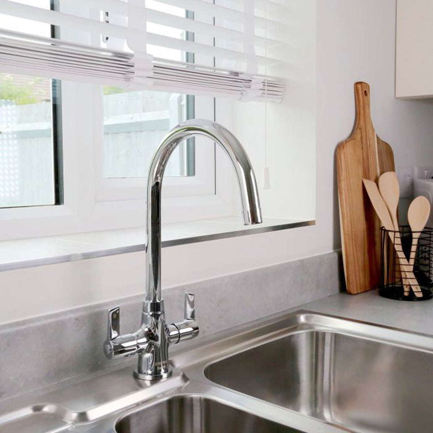 Kitchen Sink Tap Mixer Chrome Swivel Spout Brass Double Lever Contemporary - Image 3