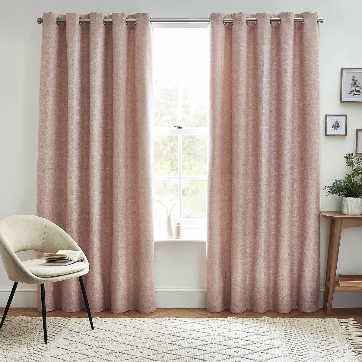 Eyelet Curtains Pair Thermal Blackout Petal Pink Woven Effect (W)117 (L)137cm - Image 1