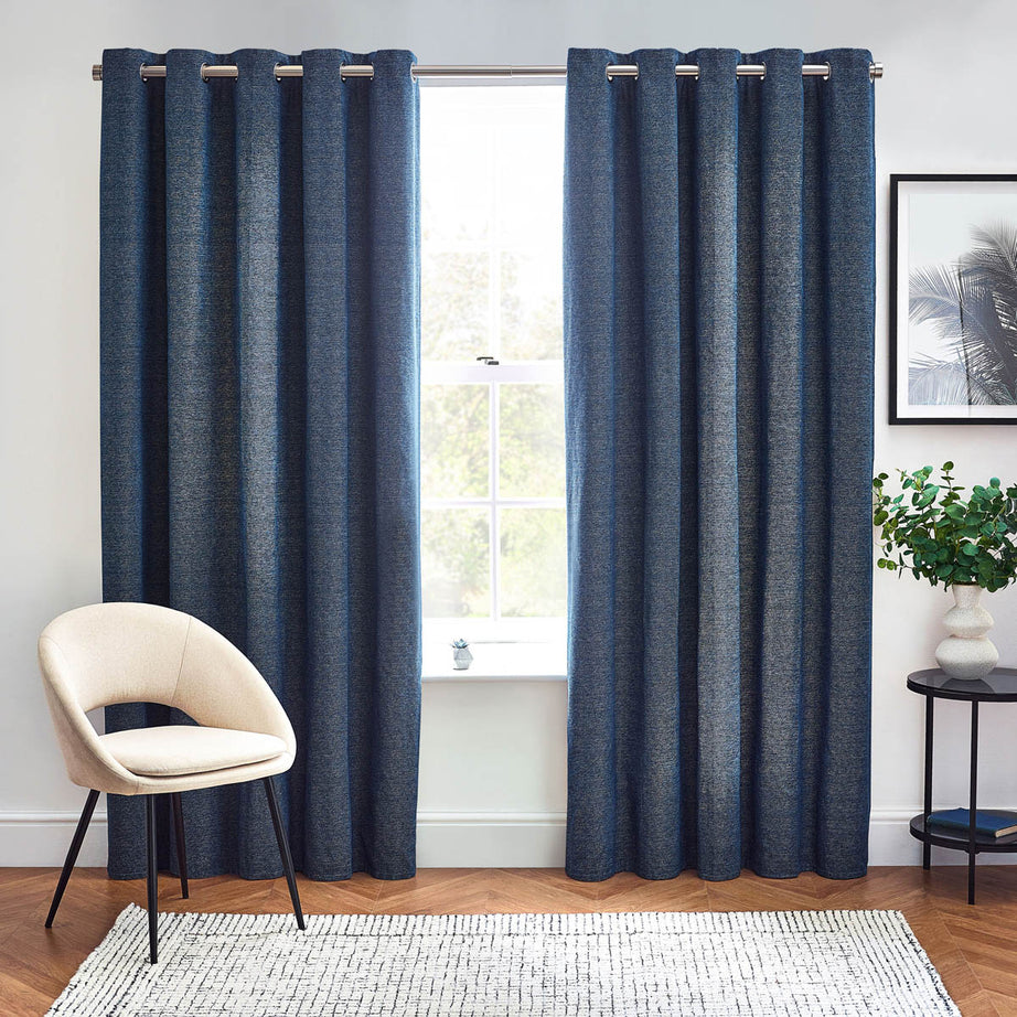 Eyelet Curtains Blue Lined Chenille Effect Ready Made Ring Top Pair W167xL228cm - Image 1