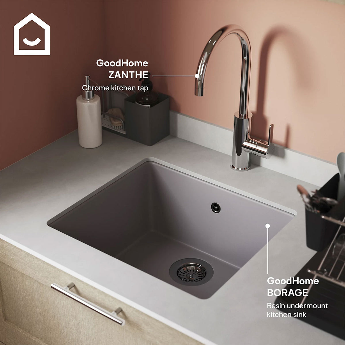 GoodHome Borage Kitchen Sink 1 Bowl Grey Resin 440x500mm Inset - Image 9