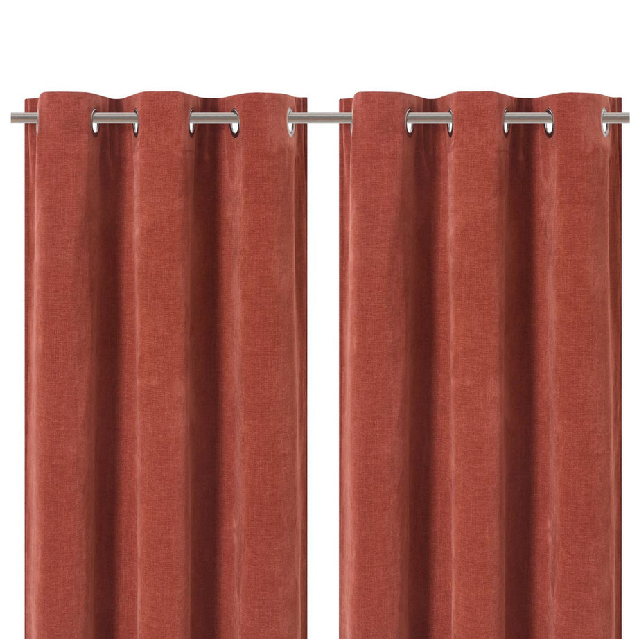Eyelet Curtain Pair Red Terracotta Plain Woven Lined Bay Window (W)167 (L)183cm - Image 1