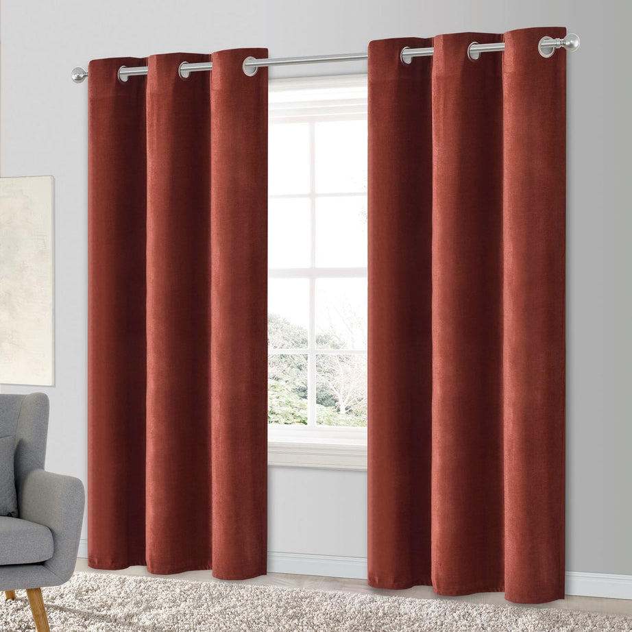 Eyelet Curtain Pair Terracotta Red Plain Woven Lined Chenille Effect W167 L228cm - Image 1