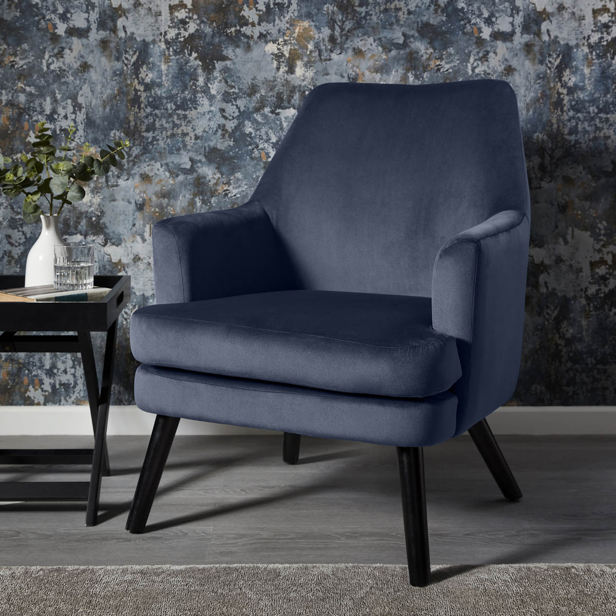 Accent Chair Dark Blue Velvet Wood Legs Living Room Bedroom Armchair Modern - Image 1