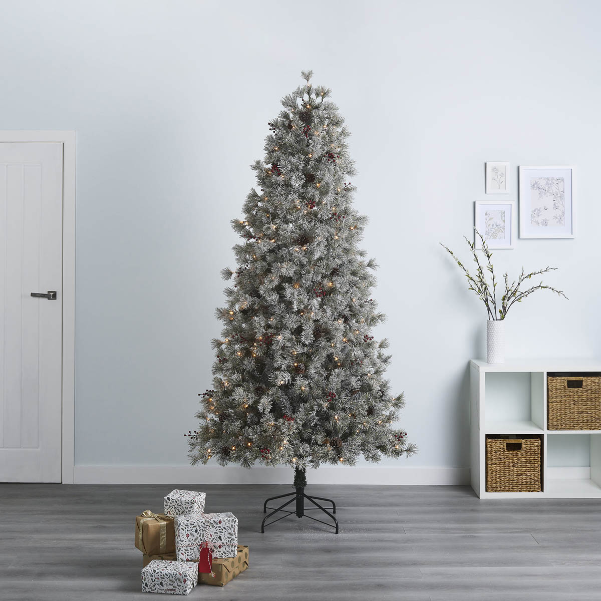 Christmas Tree Artificial Pre-Lit Flocked Effect LED Berry And Pinecone 7.6ft - Image 1