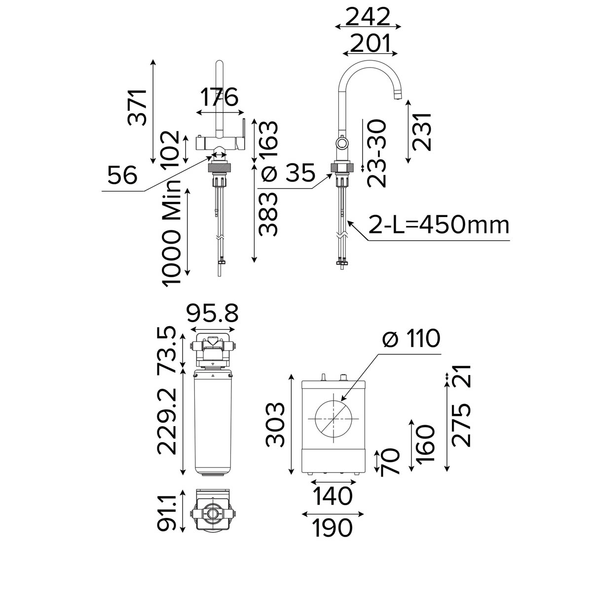 Kitchen 3 in 1 Boiling Water Tap Dual Lever 2.5L Tank Matt Black Brass Modern - Image 6
