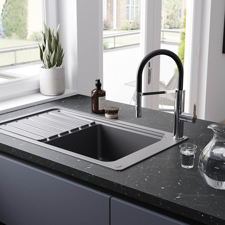 Kitchen Tap Mixer Black Chrome Single Lever Spring Neck Swivel Spout Faucet - Image 4