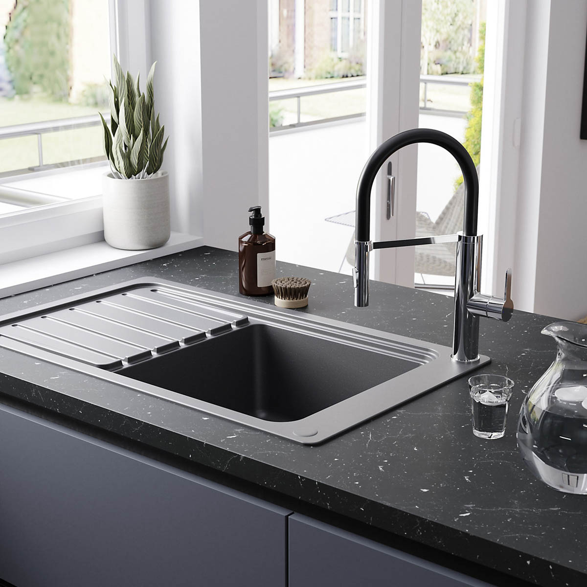 Kitchen Tap Mixer Black Chrome Single Lever Spring Neck Swivel Spout Faucet - Image 4