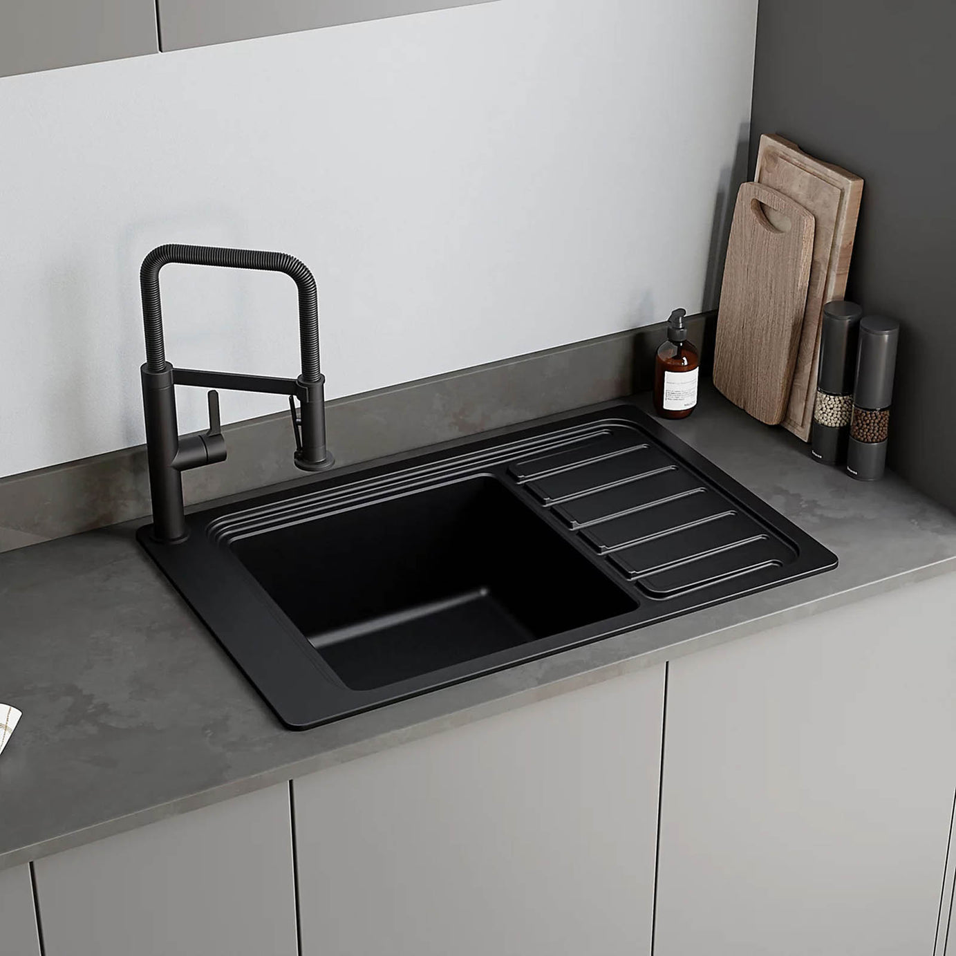 GoodHome Romesco 1 Bowl Quartz Kitchen Sink Drainer Black 773mm - Image 6