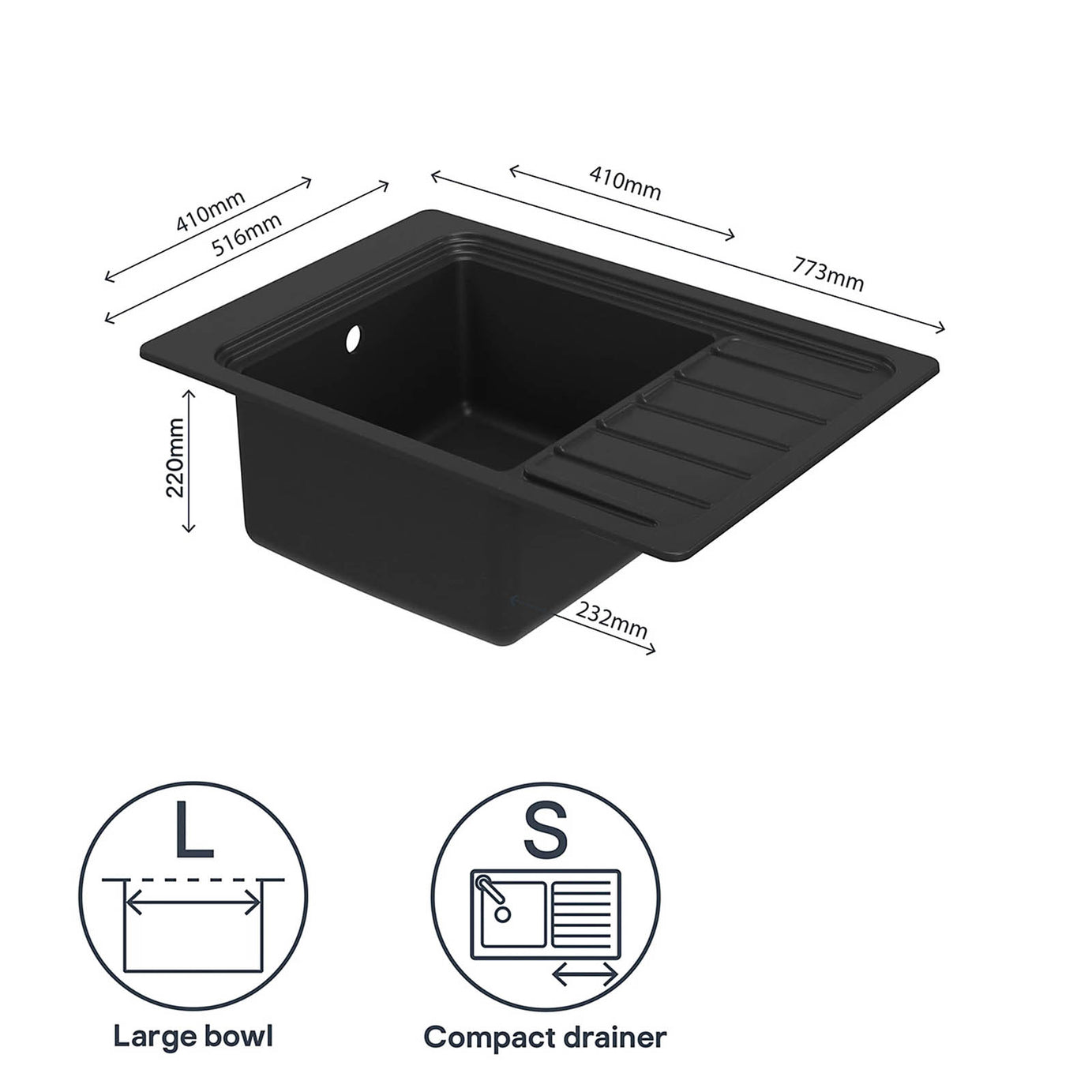 GoodHome Romesco 1 Bowl Quartz Kitchen Sink Drainer Black 773mm - Image 8