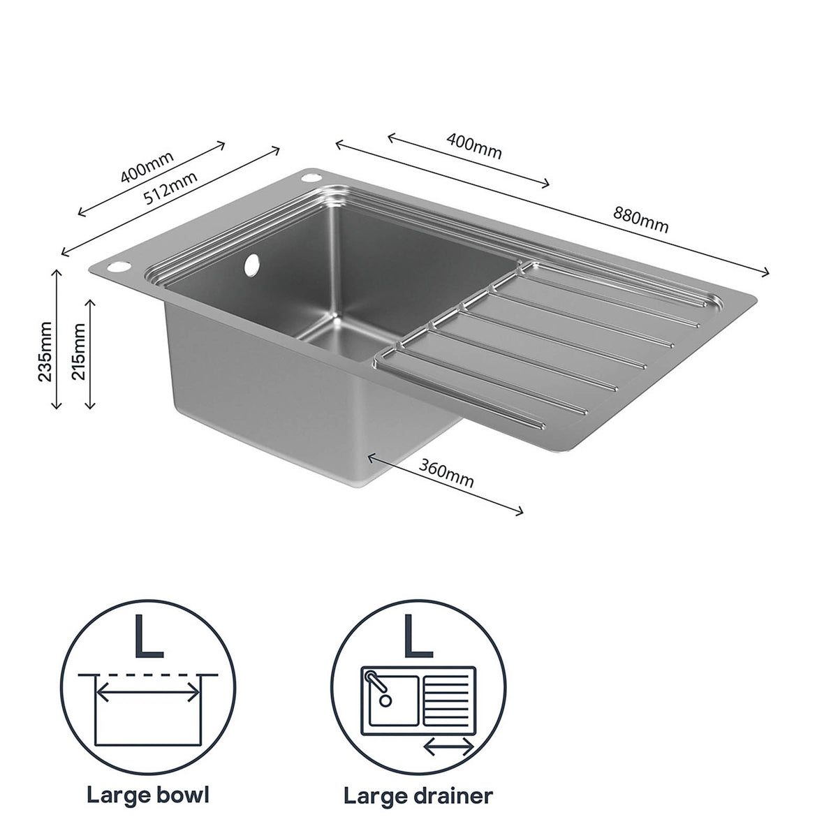 GoodHome Romesco 1 Bowl Stainless Steel Sink Drainer 880x510mm - Image 8