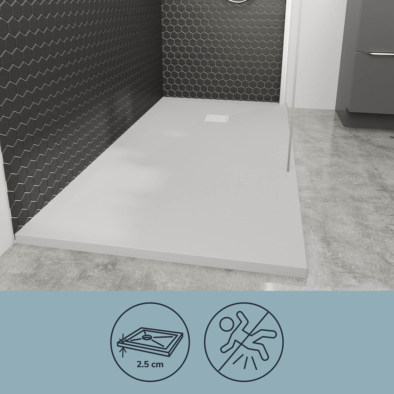 Shower Tray Matt White 28mm Rectangular Centre Drain Antibacterial Bathroom - Image 5