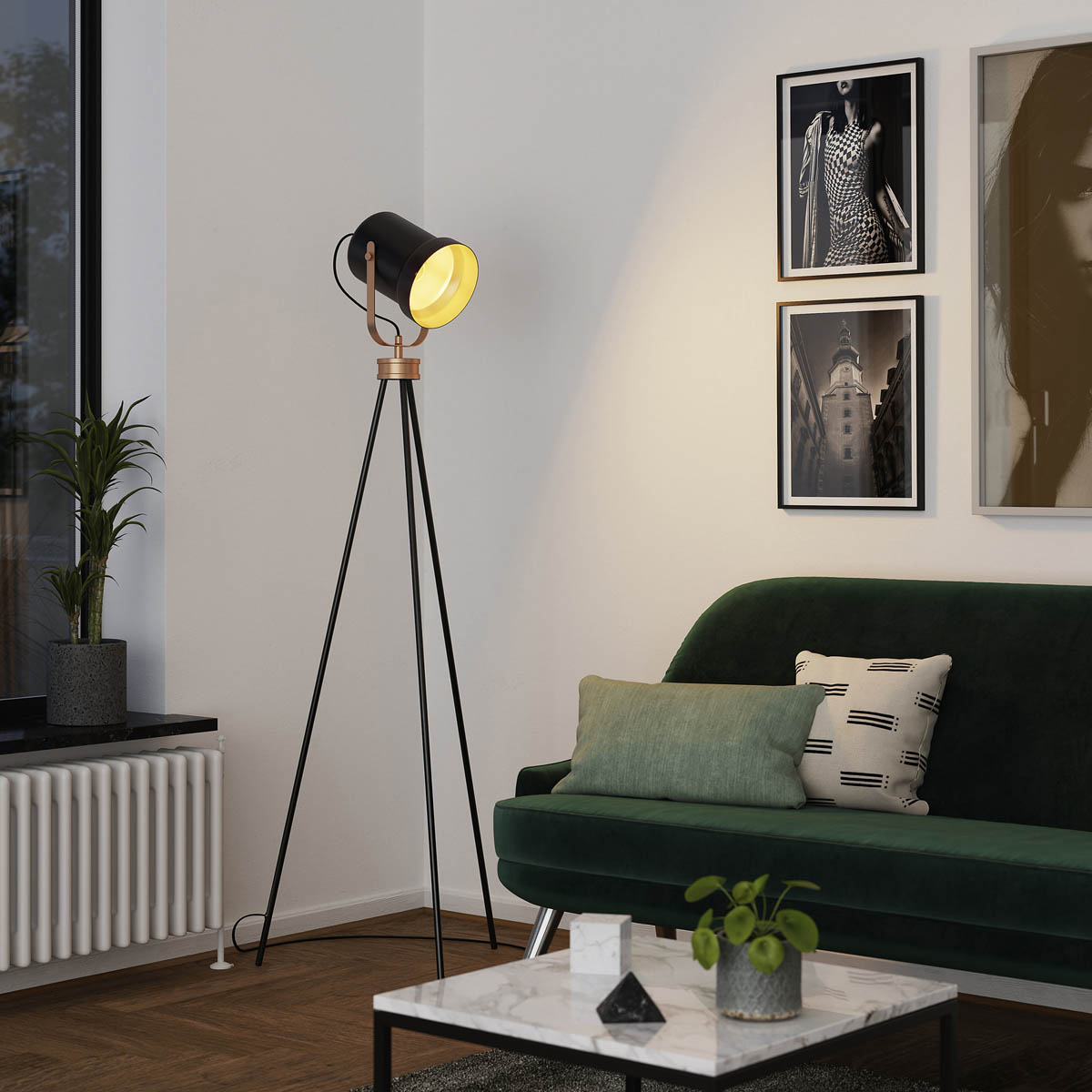 LED Floor Lamp Tripod Matt Black Copper Effect Bedside Living Room Bedroom 15W - Image 1