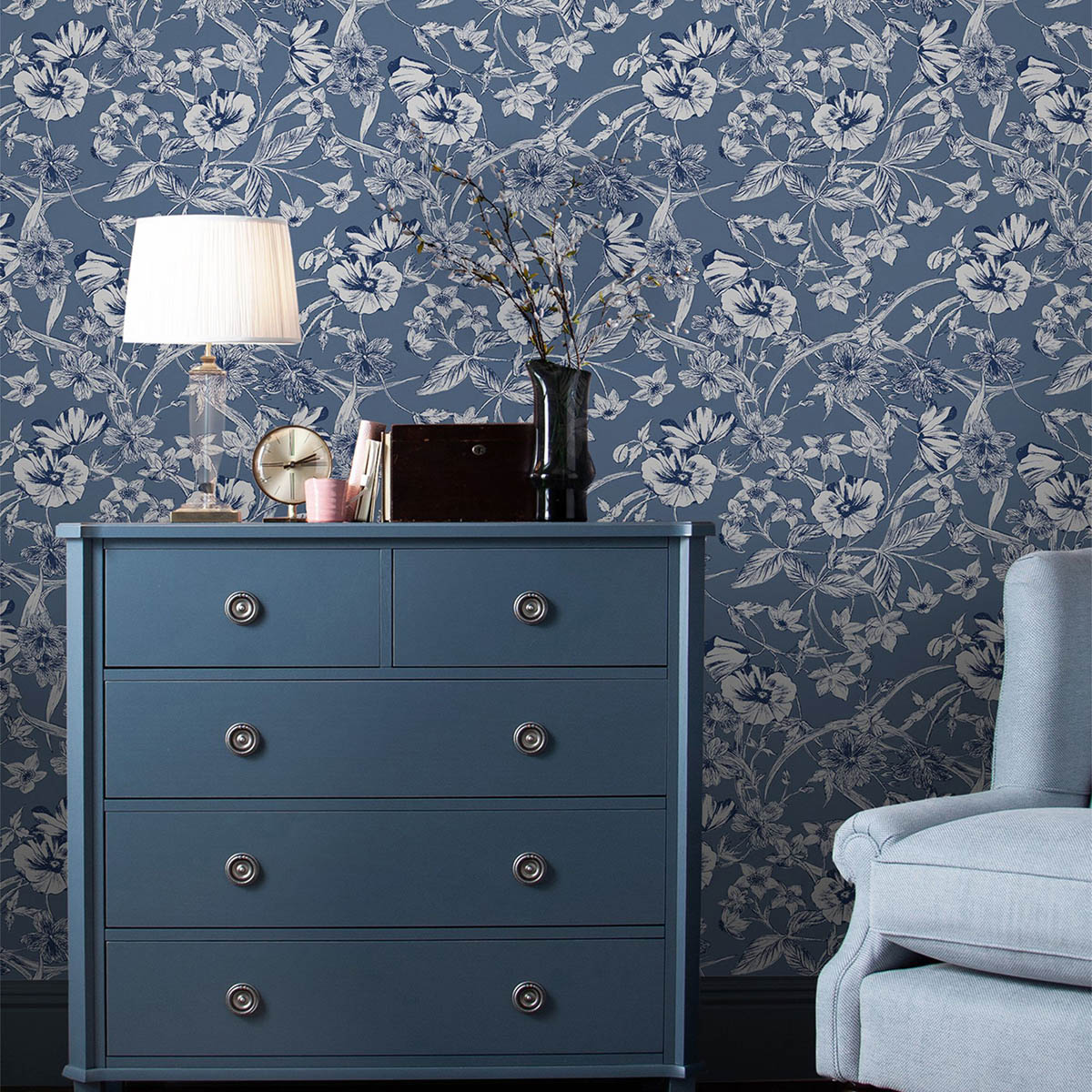 Wallpaper Summerhill Midnight Blue Floral Smooth Patterned Covers Imperfections - Image 3