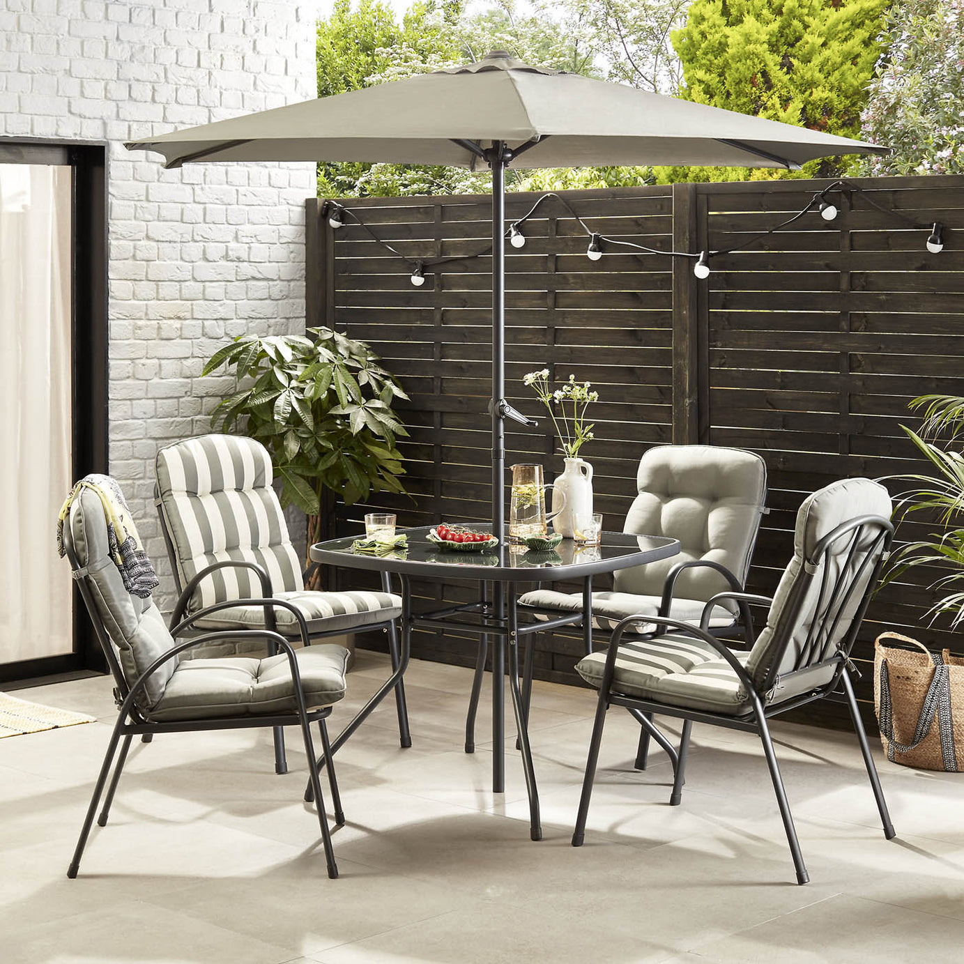 Garden Furniture 4 Seater Dining Set With Table Parasol Metal Outdoor Patio - Image 1