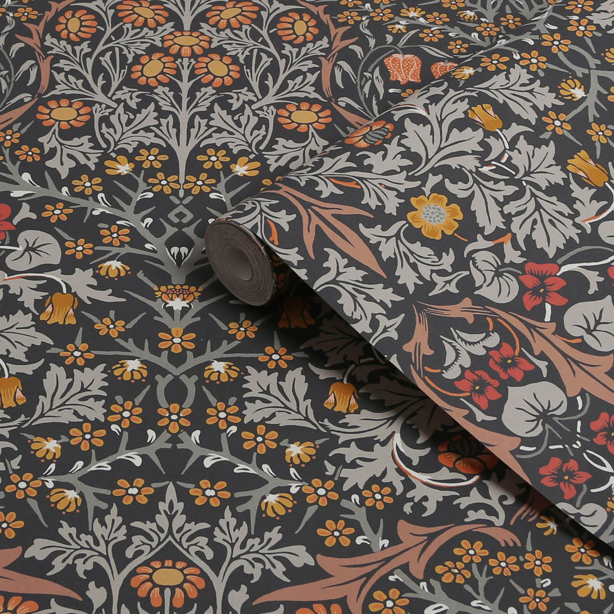 William Morris Wallpaper Charcoal Burnt Orange Blackthorn Smooth 5.2m² - Image 1