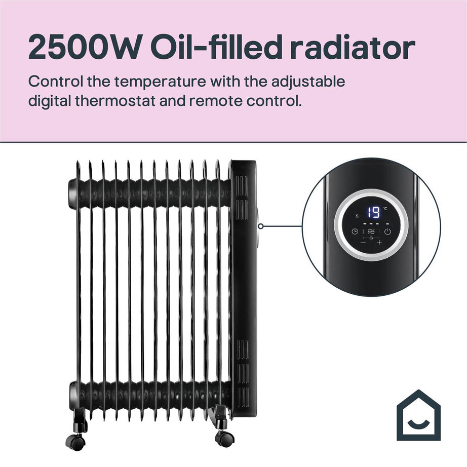 Oil Filled Radiator Portable Black 3 Heat Settings Thermostat Freestanding 2.5W - Image 5