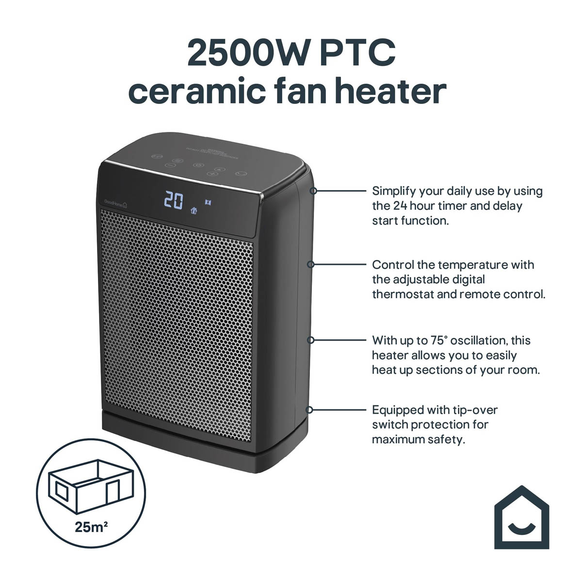 Ceramic Fan Heater PTC Black Compact Digital Touch Remote Control 2000W - Image 2