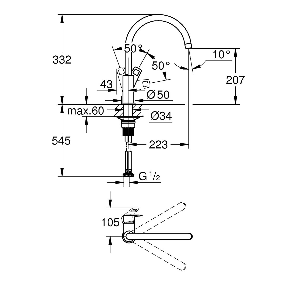Grohe Kitchen Tap Side Lever Stainless Steel Effect Chrome Plated Contemporary - Image 2