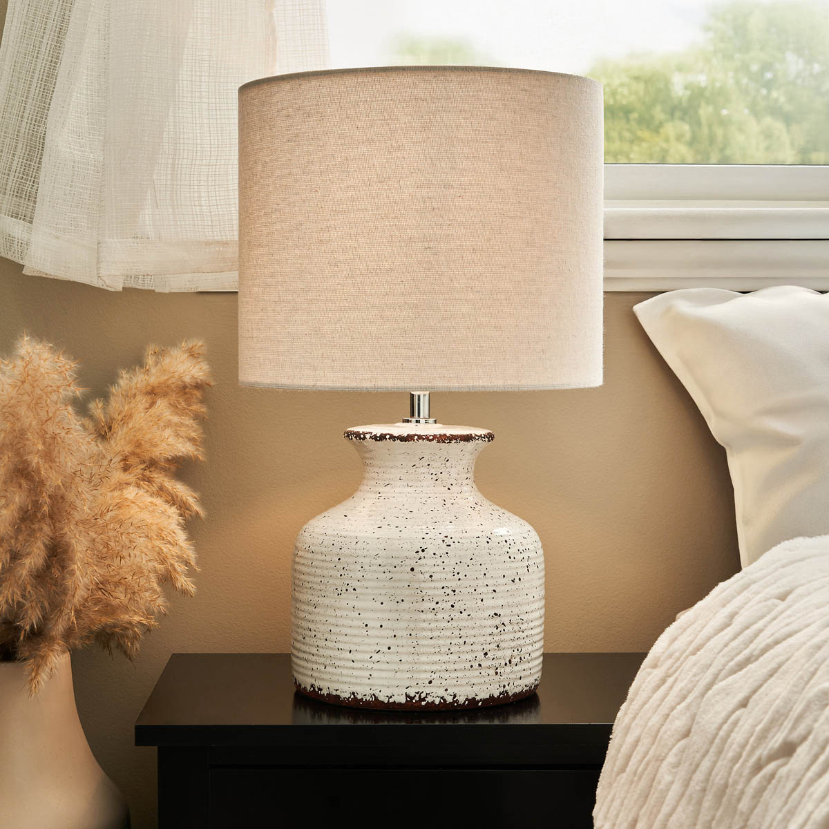 Inlight Table Lamp Capan Crackled Round Natural Distressed Effect Drum Shade - Image 1