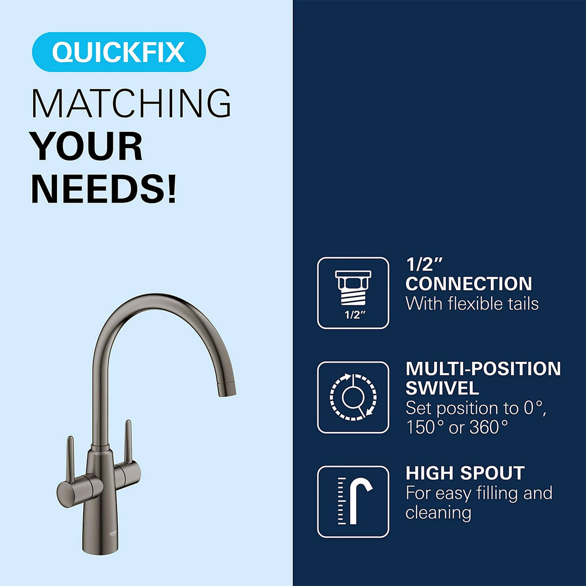 Grohe Kitchen Mixer Tap Brass Matt Anthracite Dual Lever Swivel Spot Modern - Image 6