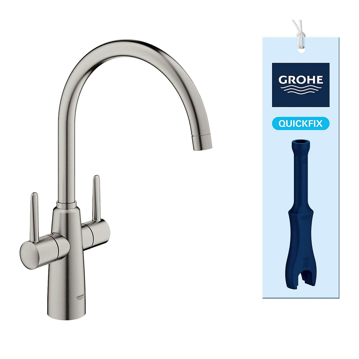 Grohe Ambi Kitchen Tap Dual Lever Mixer Supersteel Swivel Spout Modern - Image 2