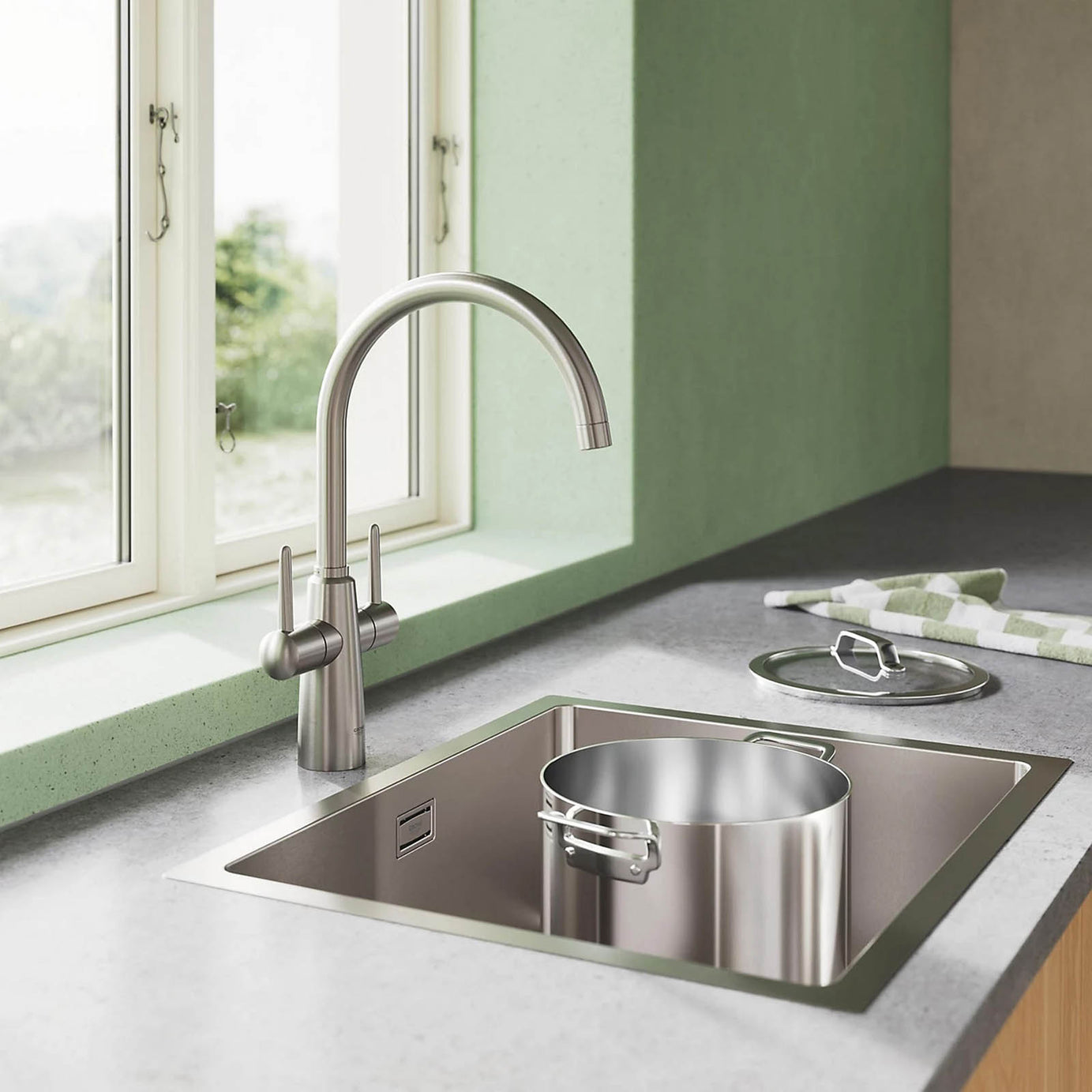 Grohe Ambi Kitchen Tap Dual Lever Mixer Supersteel Swivel Spout Modern - Image 4