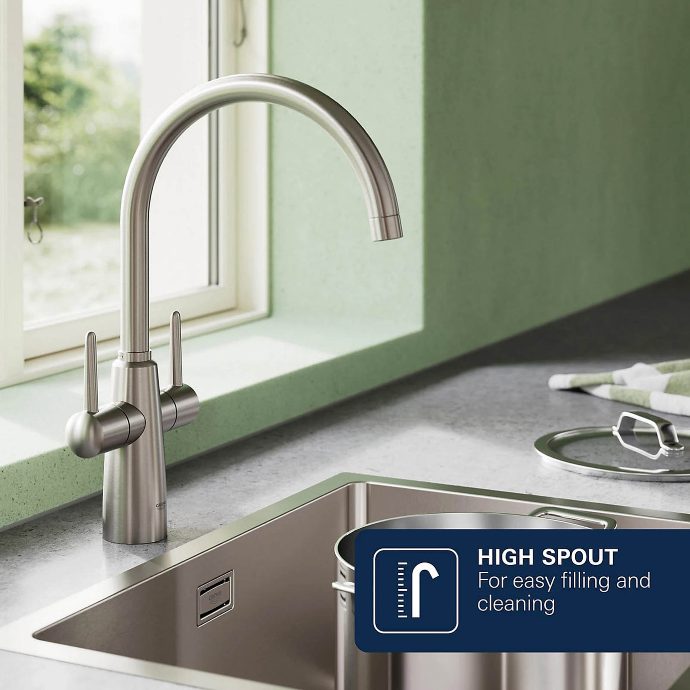 Grohe Ambi Kitchen Tap Dual Lever Mixer Supersteel Swivel Spout Modern - Image 7