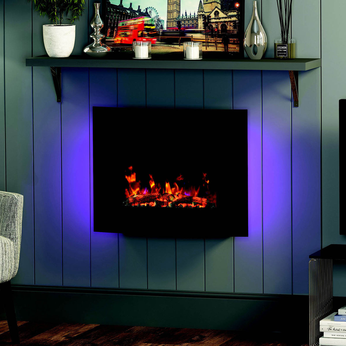 Electric Fire Fireplace 2kW Gloss Black Glass Effect Wall Mounted Heater - Image 2
