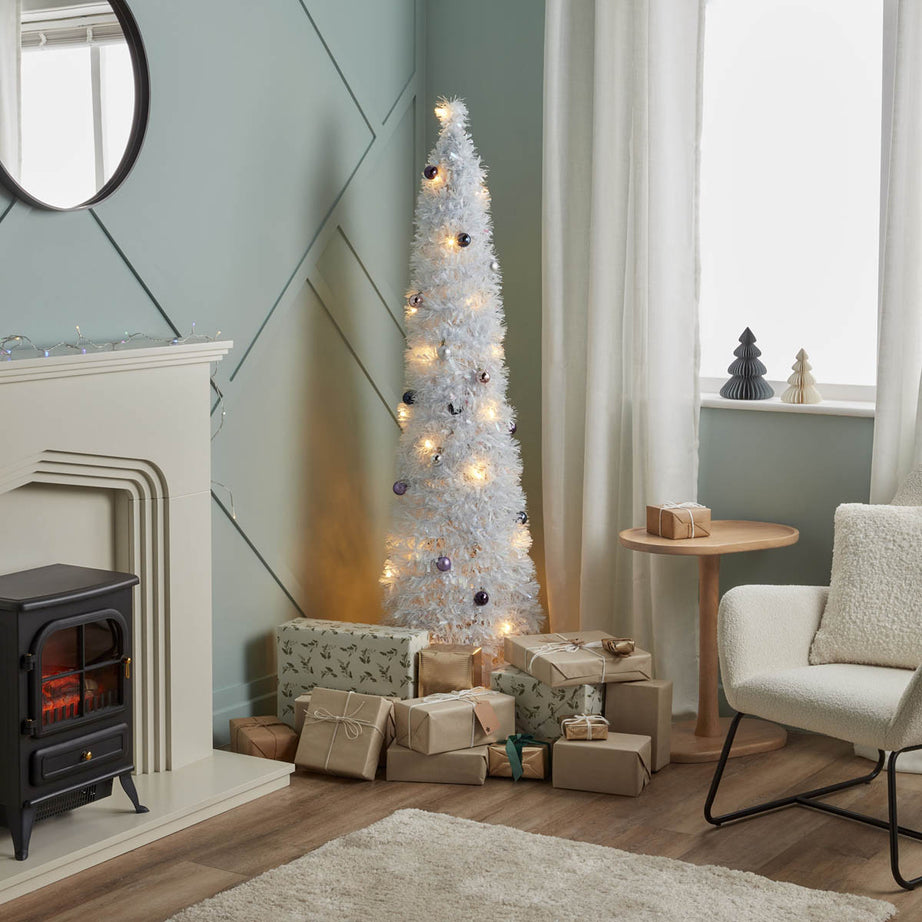 Christmas Tree 6ft White Slim Artificial LED Pre Lit 40 Warm White Timer Baubles - Image 1