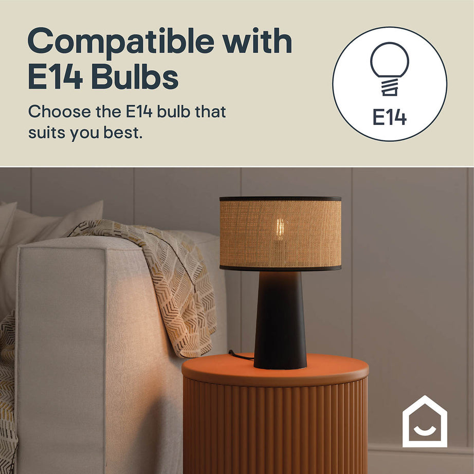 Table Lamp Matt Natural Black Metal Raffia Bedside Light Living Room Modern - Image 2