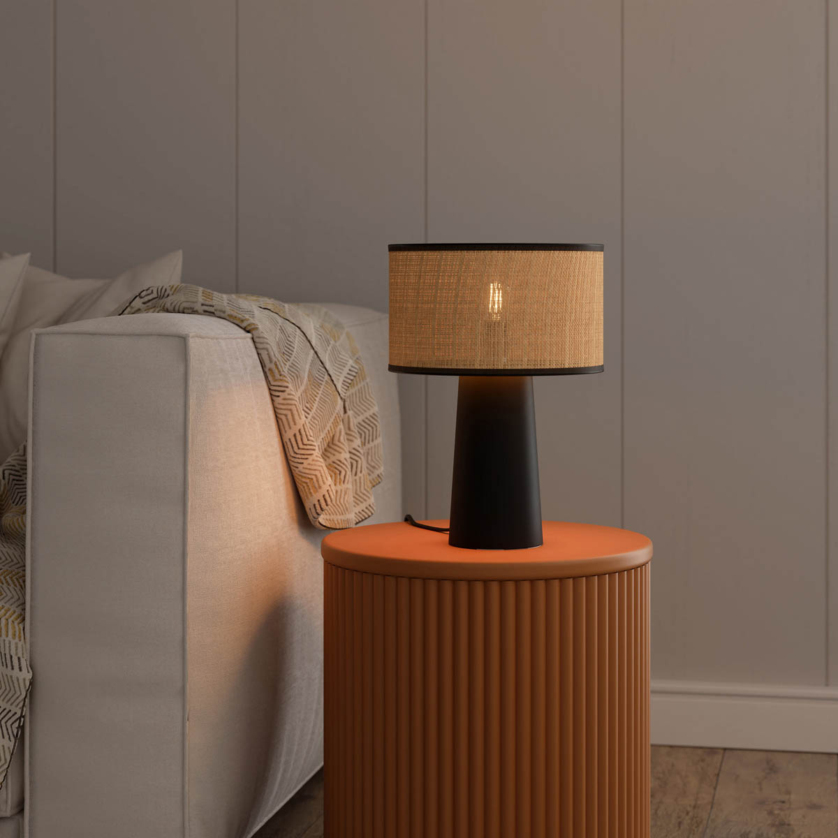 Table Lamp Matt Natural Black Metal Raffia Bedside Light Living Room Modern - Image 3