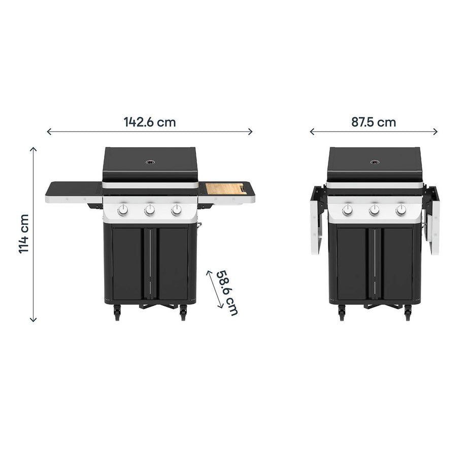 Gas BBQ 3 Burner Black Steel Side Shelves Outdoor Barbecue Electronic Ignition - Image 9