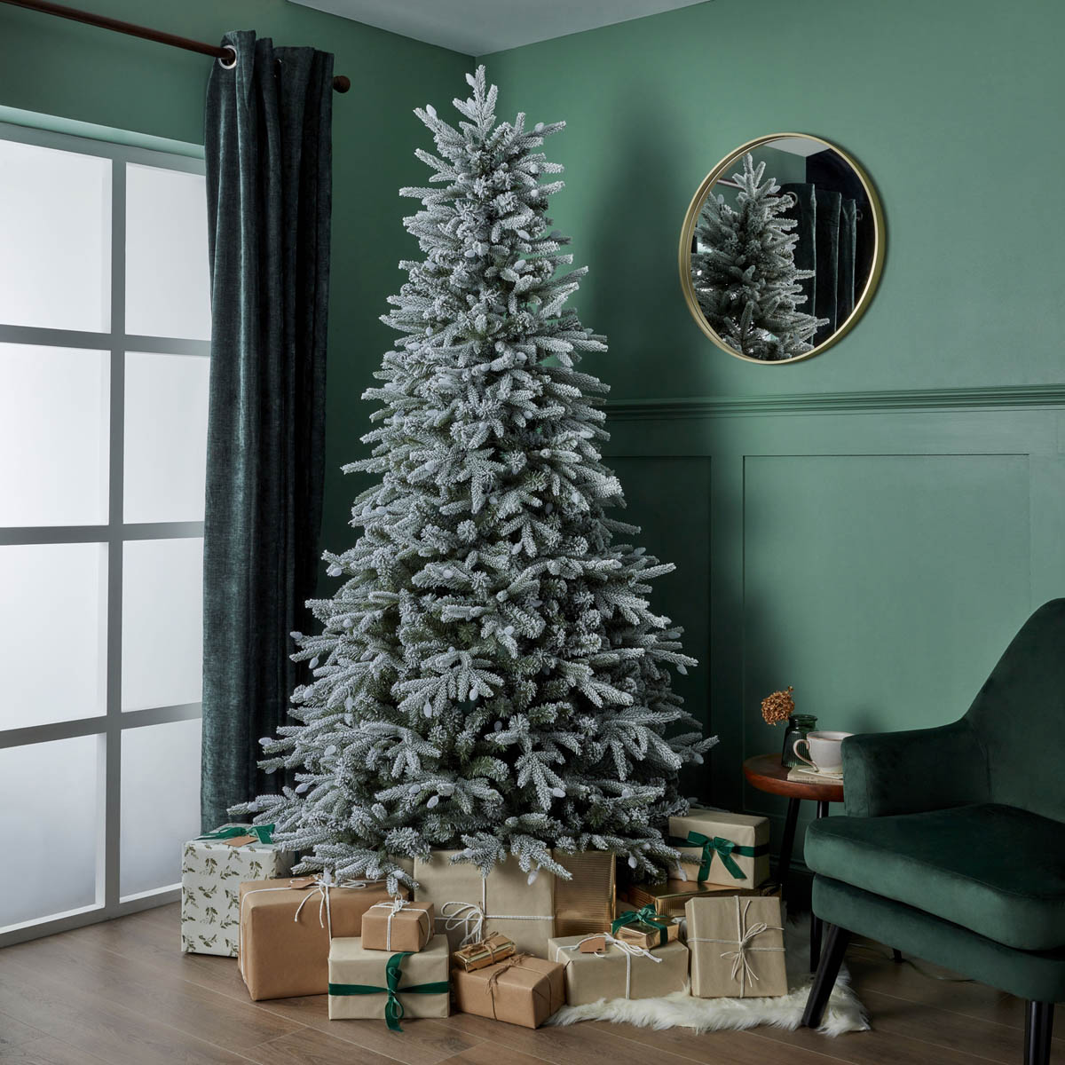 Christmas Tree Artificial Green LED Hinged Pre-lit Warm White Flocked Effect 7ft - Image 1