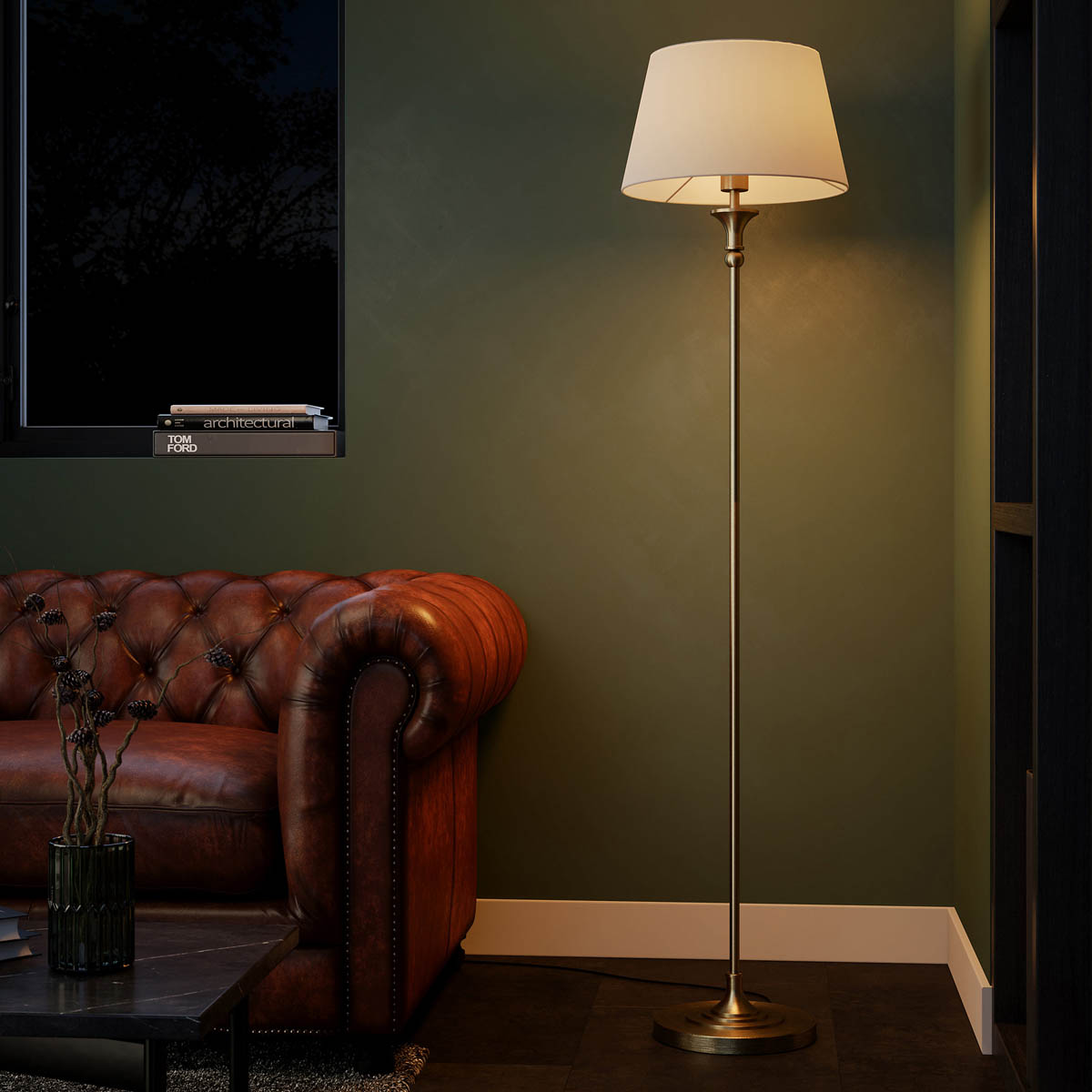 Floor Lamp LED Satin Cream Fabric Shade Antique Brass Effect Traditional - Image 3